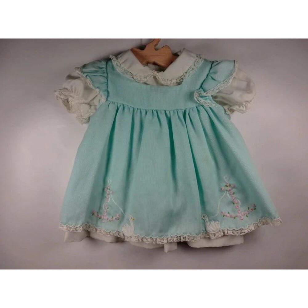 VTG Nannette Blue Goose Embroidered Pinafore Dress Cottagecore Heirloom